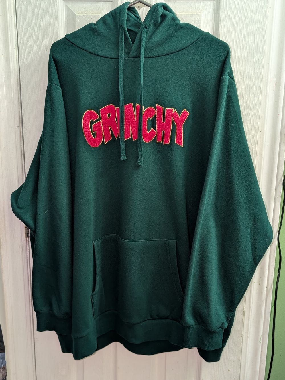 Dark Green Crewneck Hoodie with Pink 'GRINCHY' Appliqué